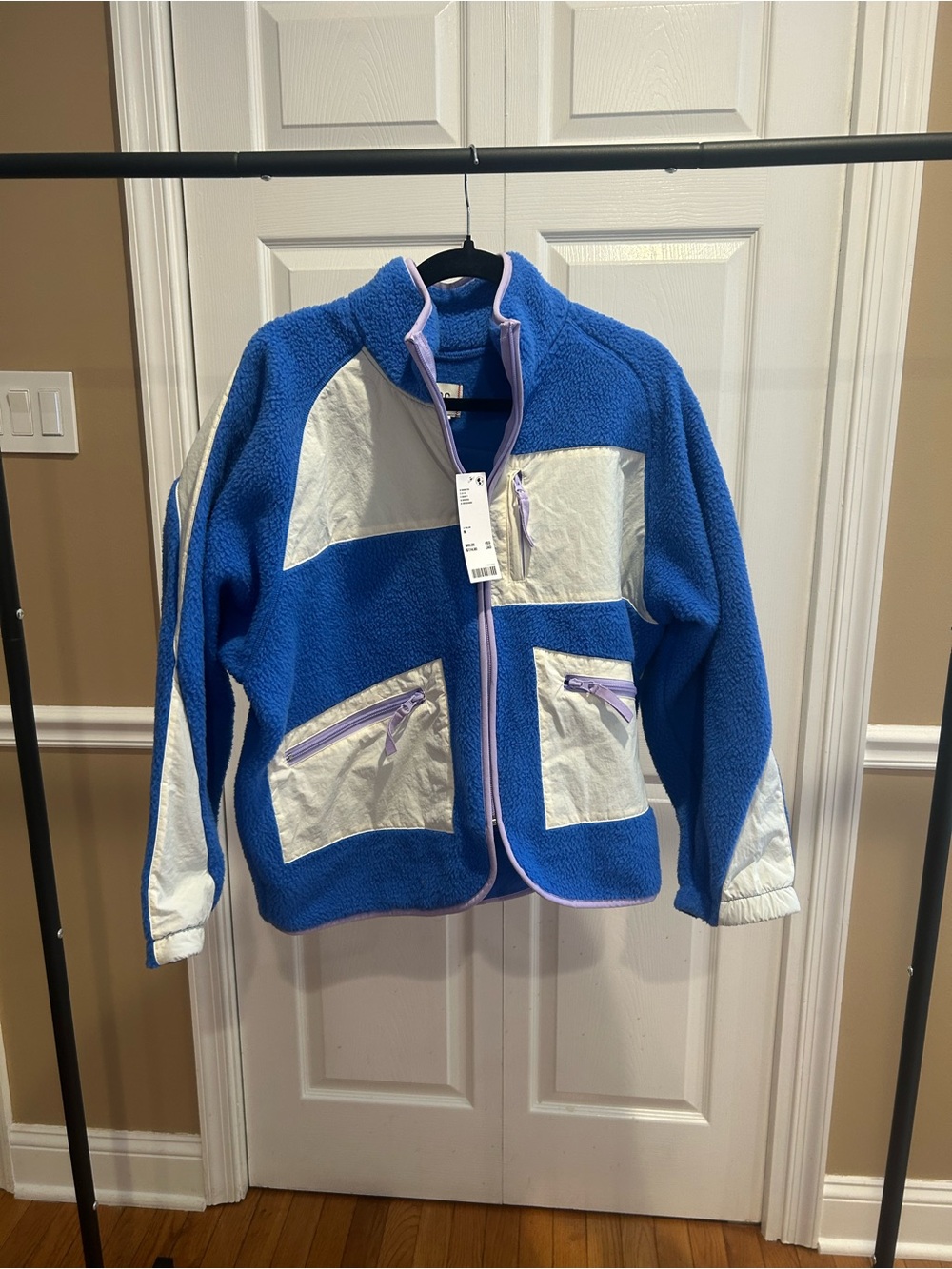 Urban Outfitters Blue Sherpa Fleece Jacket with White Panels